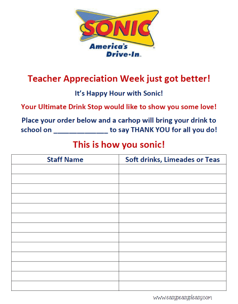 Printable Sonic Order form for Teacher Appreciation Week. Date can be written in the blank.