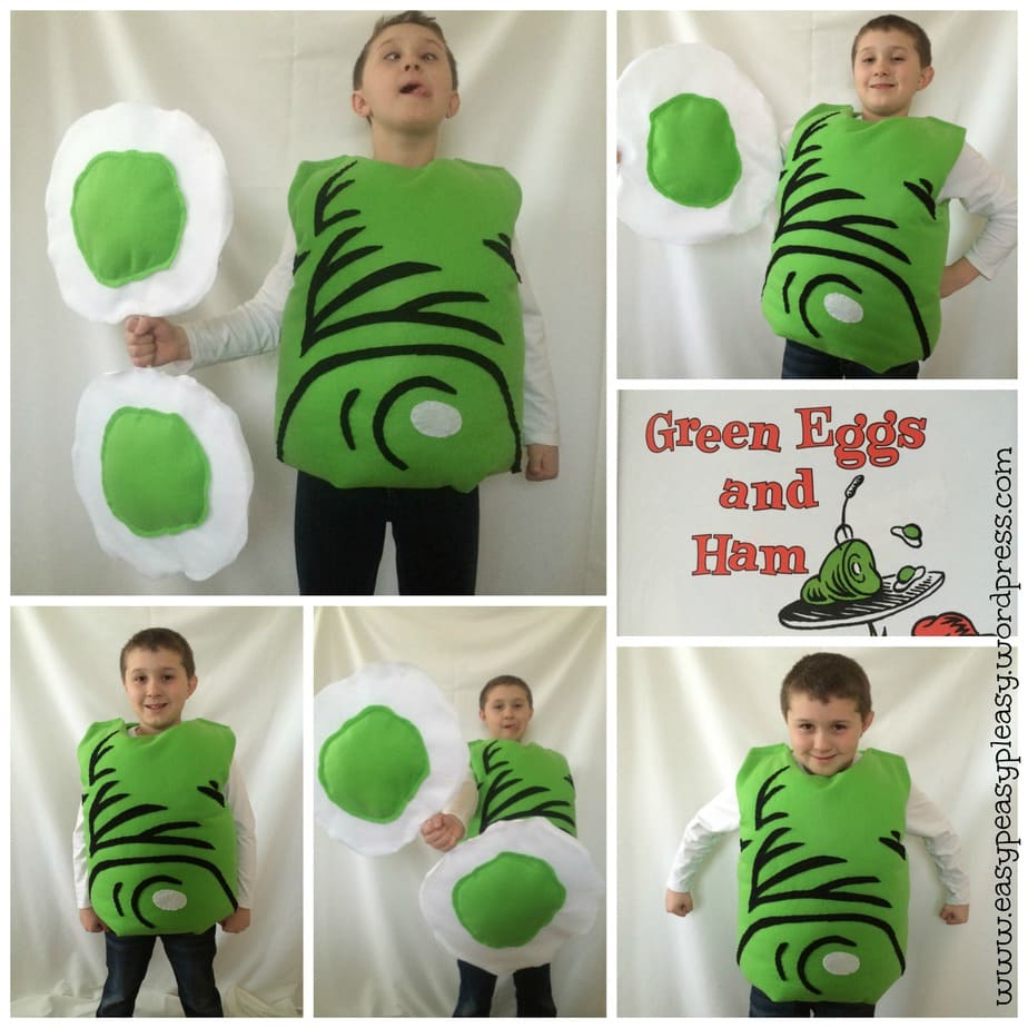 Green Eggs and Ham Costume Dr. Seuss Sam I am collage. Check out https://easypeasypleasy.com for the full tutorial!
