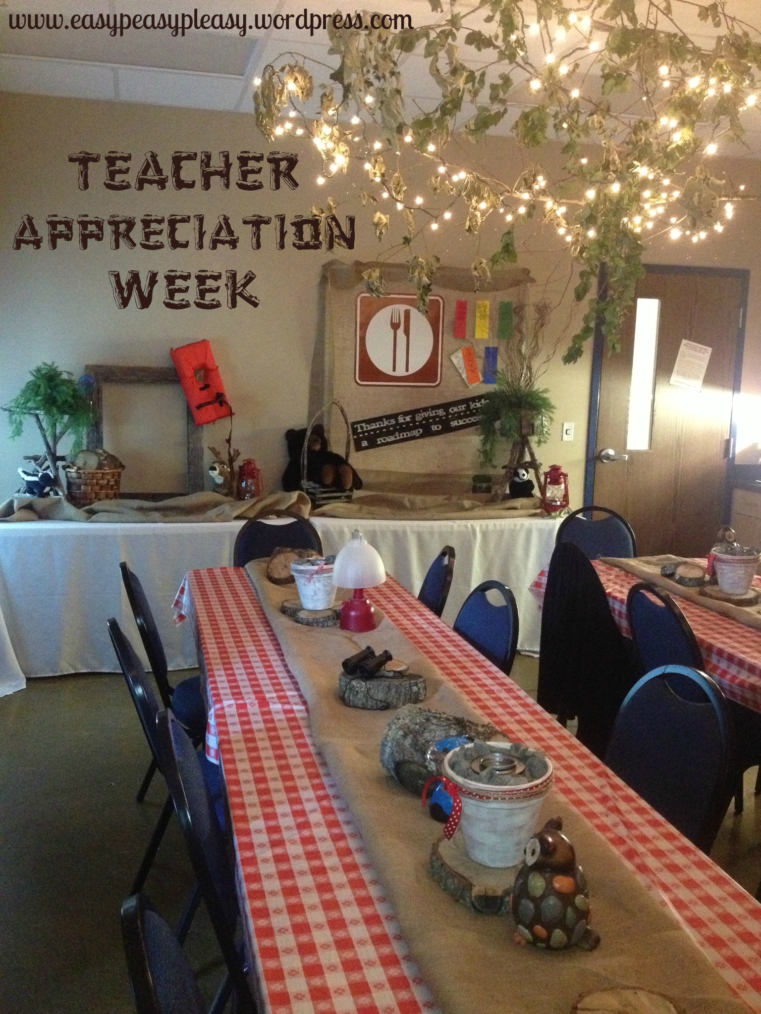 Teacher Appreciation Week Camping Theme tables and buffet tables