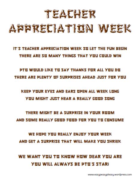 Teacher Appreciation Week Form to give the Teachers to start the week