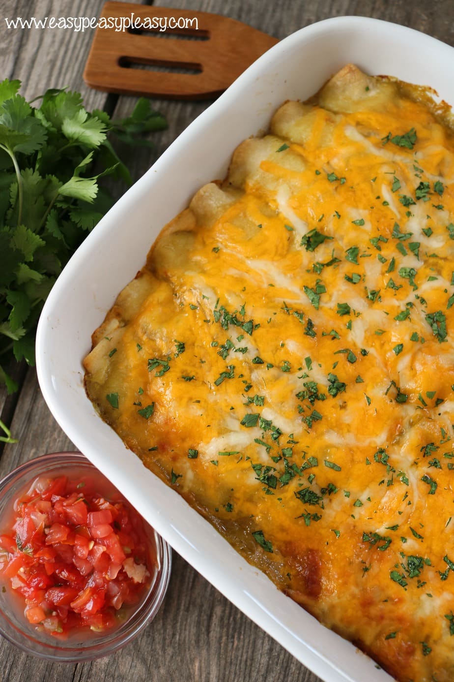 Green Chili Chicken Enchiladas are a casserole of cheesy goodness that will have your family asking for more.