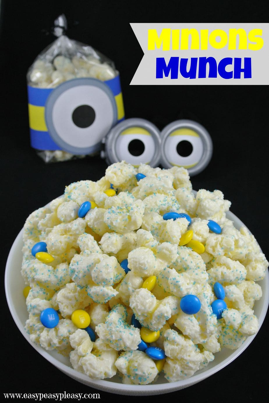 Minions Munch is an easy sweet treat that comes together in 5 minutes! Almond Bark and Puffcorn combine to make the perfect party snack for your next movie viewing, sleepover, or just hanging out with your kiddos!