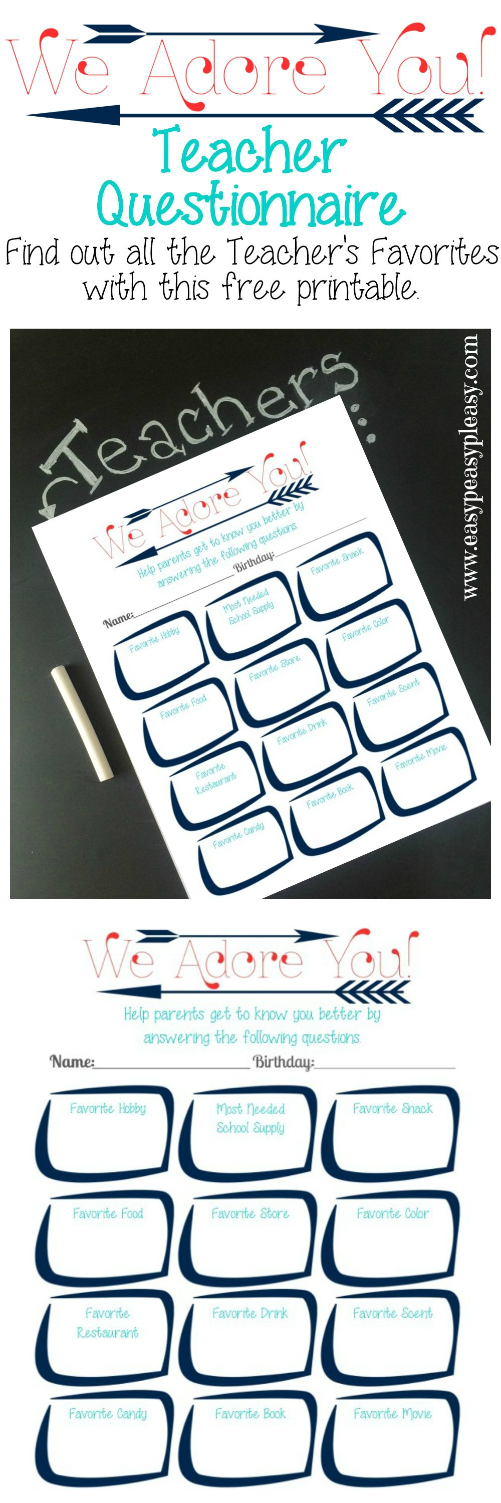 Parents, PTO, and PTA...never wonder what to purchase for Teacher's again with this free printable Teacher questionnaire!