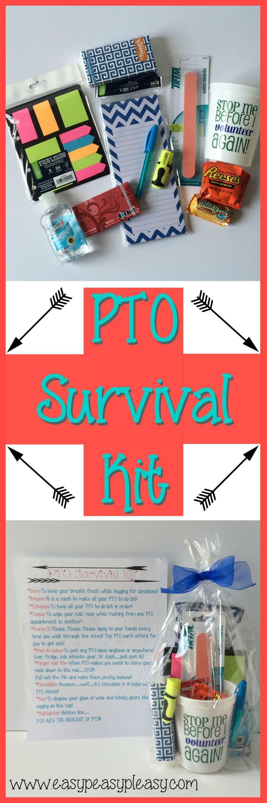 As a PTO President I've learned a thing or two and made a fun printable to go with this kit. This PTO Survival Kit is the perfect gift for PTO or PTA Volunteers!