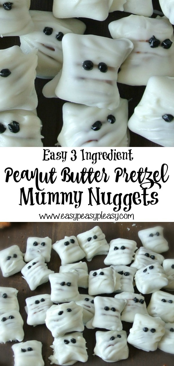 Easy 3 Ingredient Peanut Butter Pretzel Mummy Nuggets. Perfect for halloween. #trickortreat #halloween #3ingredients #halloweentreats #peanutbutterpretzels #almondbark