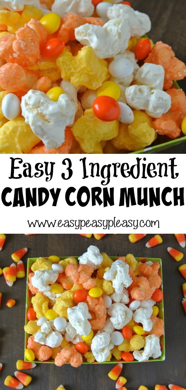 Easy 3 Ingredient Candy Corn Munch. No popcorn here but the puffcorn makes it delicious. #candycorn #halloween #halloweentreat #puffcorn #3ingredients