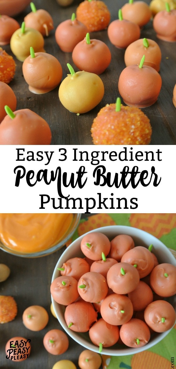 Easy 3 Ingredient Peanut Butter Pumpkins perfect for fall and Halloween Treats. #pumpkins #halloween #halloweentreats #easyhalloweentreats #peanutbutterballs #3ingredients
