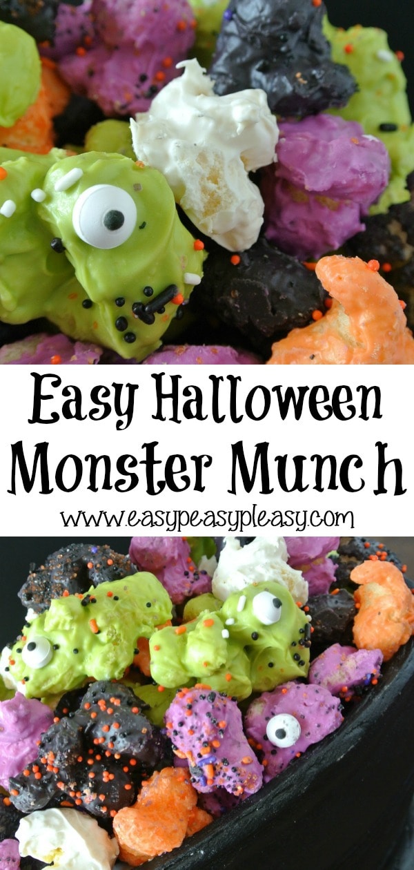 Easy Halloween Monster Munch isn't popcorn but it taste so good. It's the perfect Halloween Treat using only 3 ingredients and comes together super fast. #halloween #monstermunch #halloweentreat