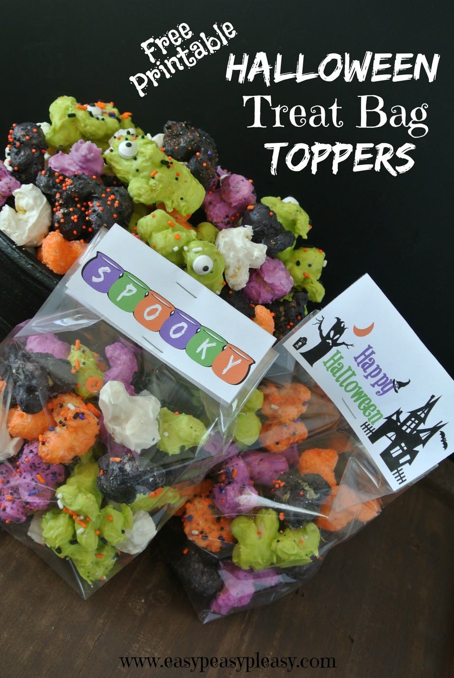 Want to add a little Spooky to your Halloween Treat Bags Print these free treat bag toppers for your Halloween goodie bags.