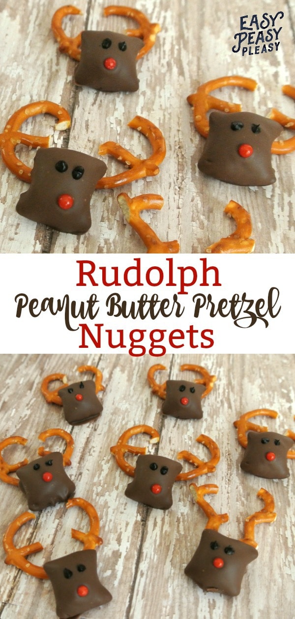 Super cute and easy 5 Ingredient Rudolph Peanut Butter Pretzel Nuggets are the perfect Christmas Treat! #christmastreat #rudolph #rudolphtreat #rudolphrecipe