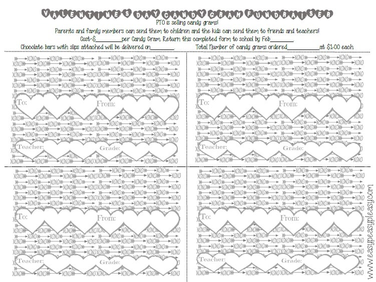 Free Printable Valentine's Day Candy Gram order form grey(for copiers) with blanks that can be filled in to customize your PTO event.