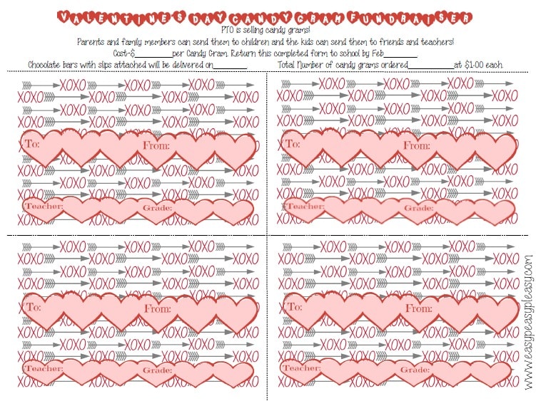 Free Printable Valentine's Day Candy Gram order form red with blanks that can be filled in to customize your PTO event.