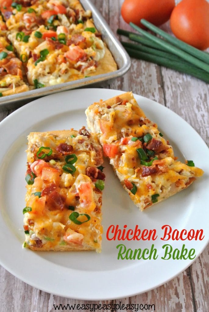 Chicken Bacon Ranch Bake is made easy with the help of a rotisserie chicken and a can of crescent rolls. Perfect for an easy weeknight dinner and great as a party appetizer!