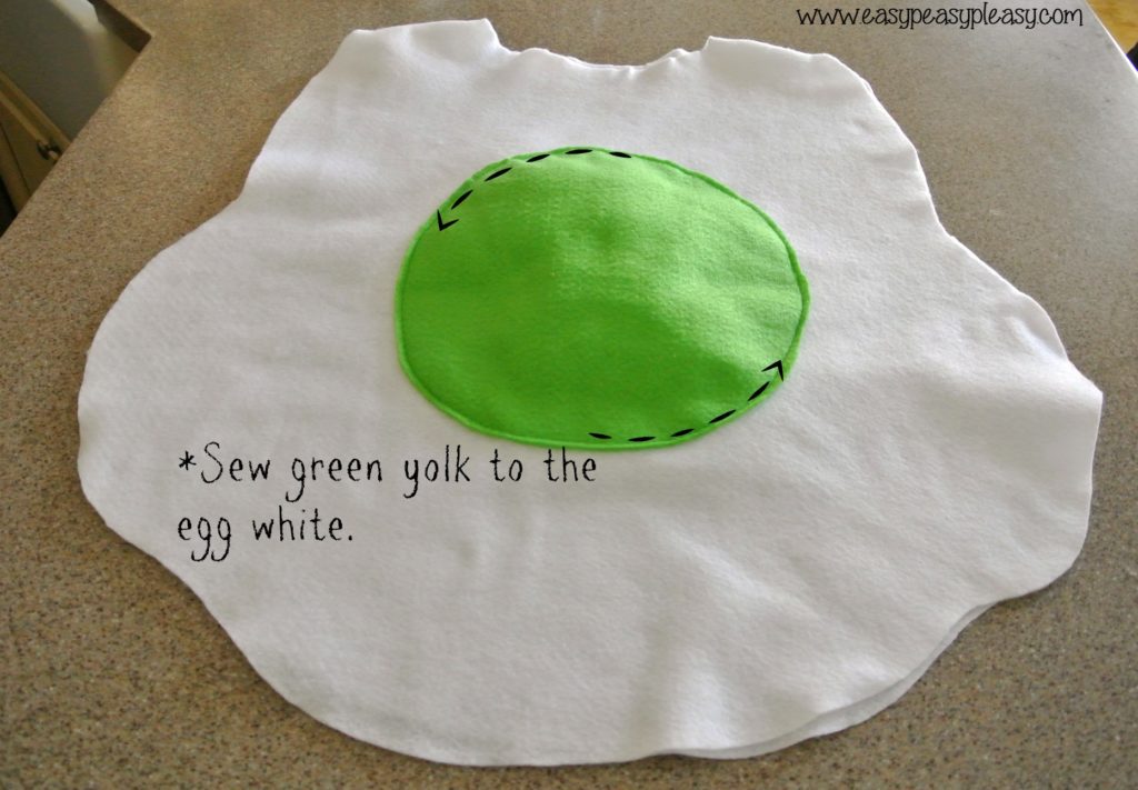 DIY Egg costume tutorial for Dr. Seuss Green Eggs and Ham Costume yolk sewn to egg white.