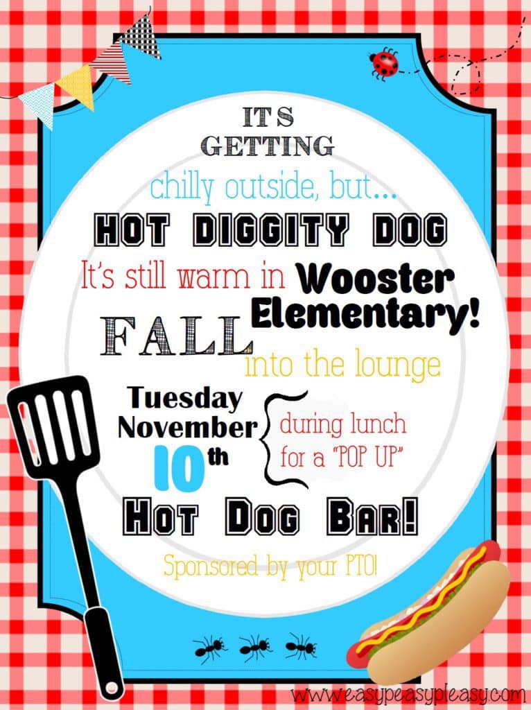 Hot Dog Bar Teacher Appreciation Lunch Flyer. Free printable blank flyer that you can customize!