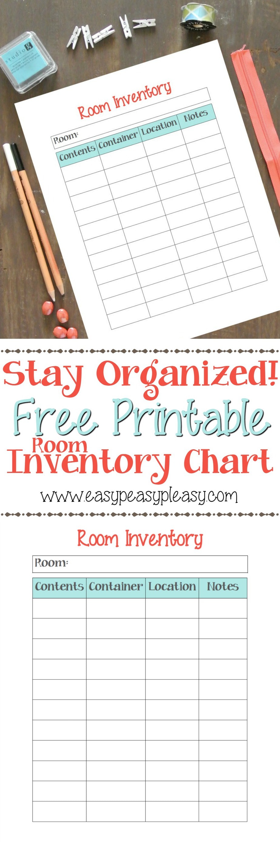 Never search for an item you stored in a container or drawer again! Use this free printable Room Inventory Chart to help you stay organized!