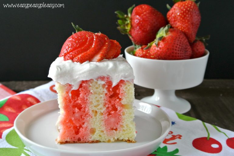 Make this decadent Strawberry Poke Cake Skinny with my lightened up version!