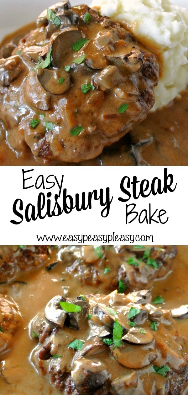 Easy Salisbury Steak Bake will let the oven do all the work for you. Prepare the recipe in casserole dish and bake until the timer dings. #salisburysteak