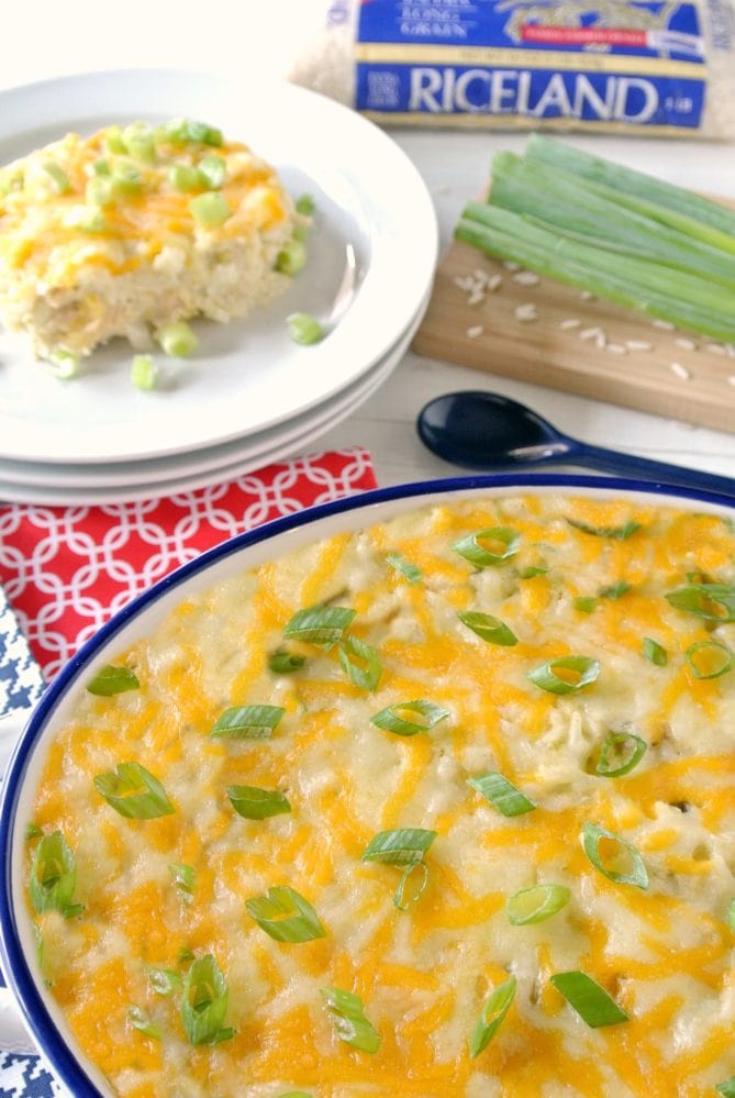 Cheesy Chicken and Green Chile Rice Casserole using Riceland Rice makes weeknight meals easy!