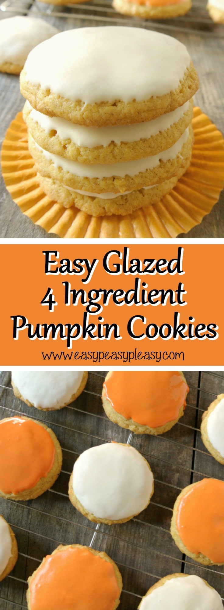 Make cookies from a box of cake mix and use store bought frosting to make a glaze with these easy glazed 4 Ingredient Pumpkin Cookies.