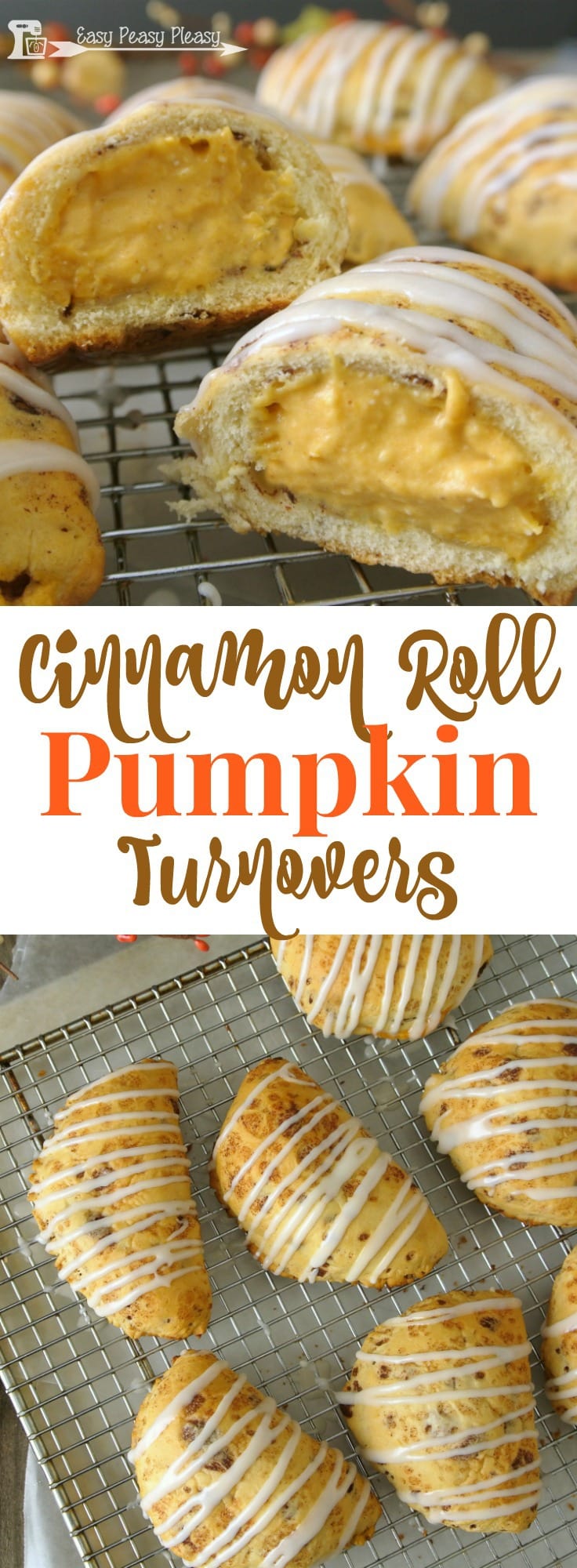 Easy 5 Ingredient Cinnamon Roll Pumpkin Turnovers are delicious with the help of canned cinnamon rolls.