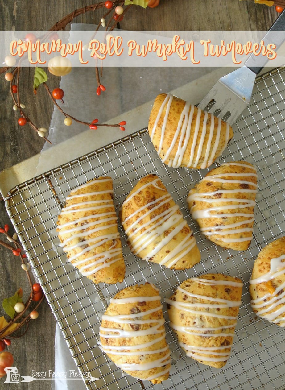 Grab a can of Cinnamon Rolls and make these easy 5 ingredient Cinnamon Roll Pumpkin Turnovers.