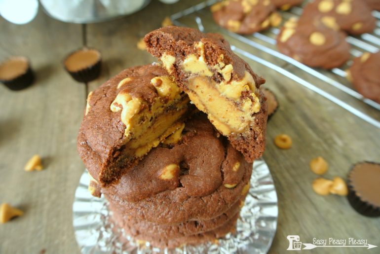 Only 5 Ingredients using a cake mix to make these delicious Chocolate Peanut Butter Cup Cookies.