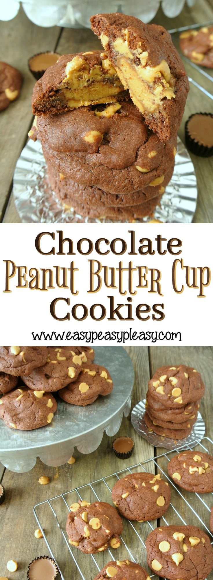 The easiest most delicious 5 ingredient Chocolate Peanut Butter Cup Cookies using a cake mix.