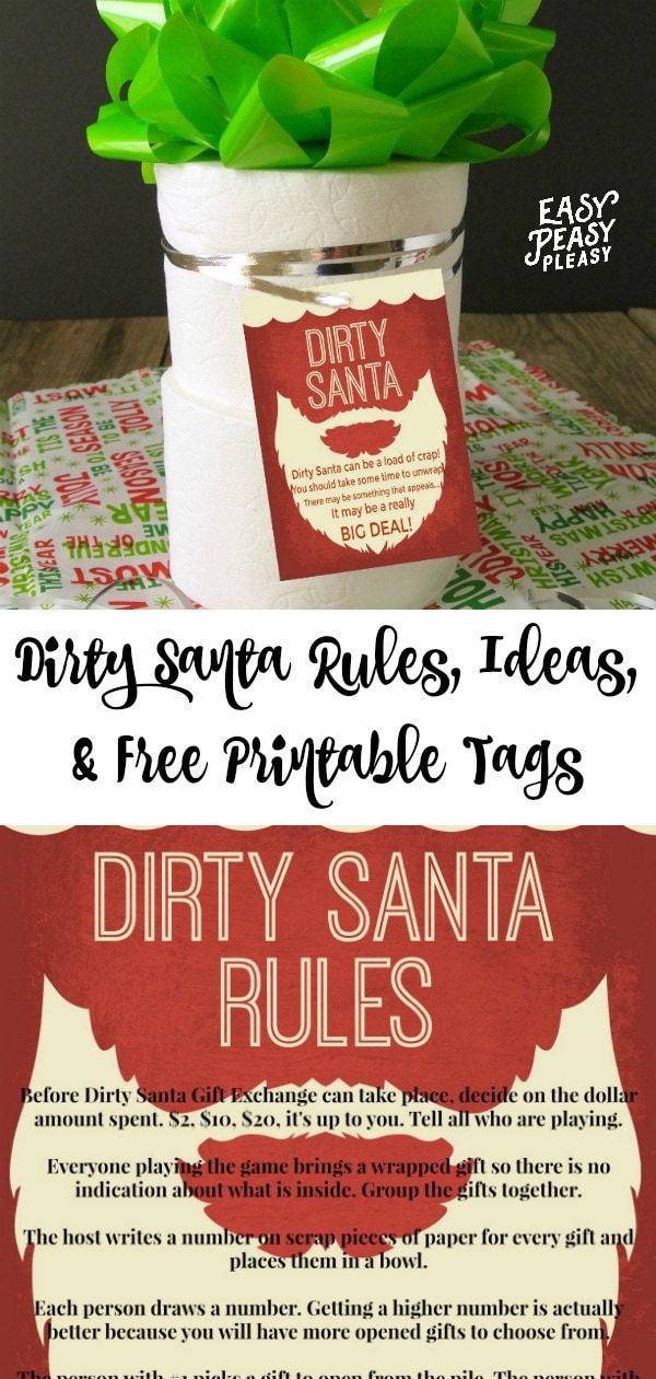 Dirty Santa Rules, Ideas for gifts, and free printable dirty Santa gift tags. #dirtysanta #dirtysantarules #dirtysantaprintables #dirtysantagifts