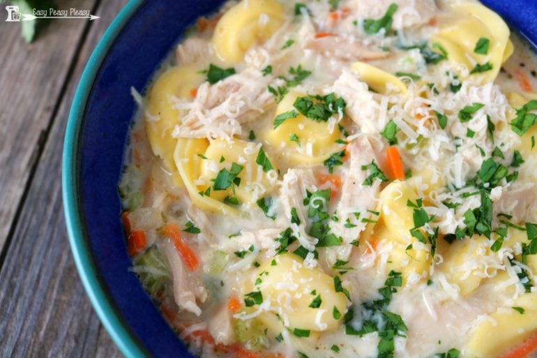 Mouthwatering Chicken Tortellini Soup to warm you up on a cold day.