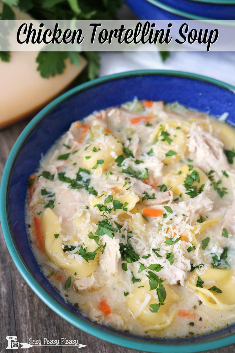 Mouthwatering Chicken Tortellini Soup using a rotisserie chicken.