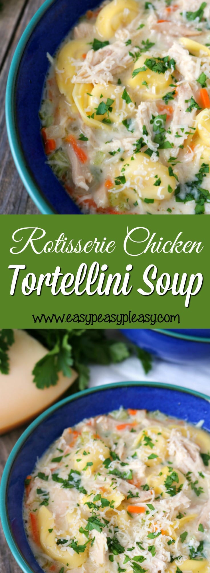 Mouthwatering Rotisserie Chicken Tortellini Soup will warm your tummy and warm your soul.