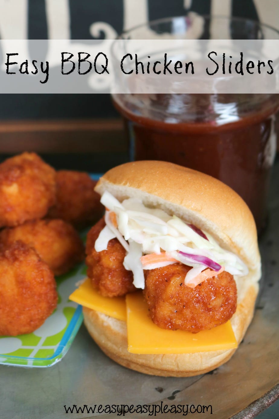 Easy 4 Ingredient BBQ Chicken Sliders at www.peasypleasy.com