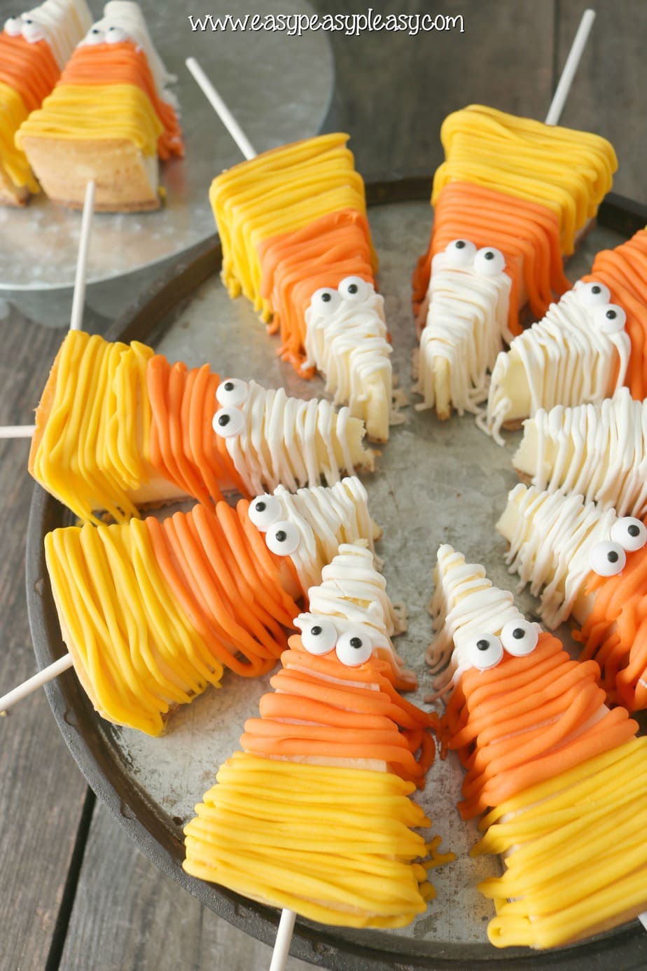 Easy No Bake Candy Corn Cheesecake are the perfect sweet treats for Halloween!