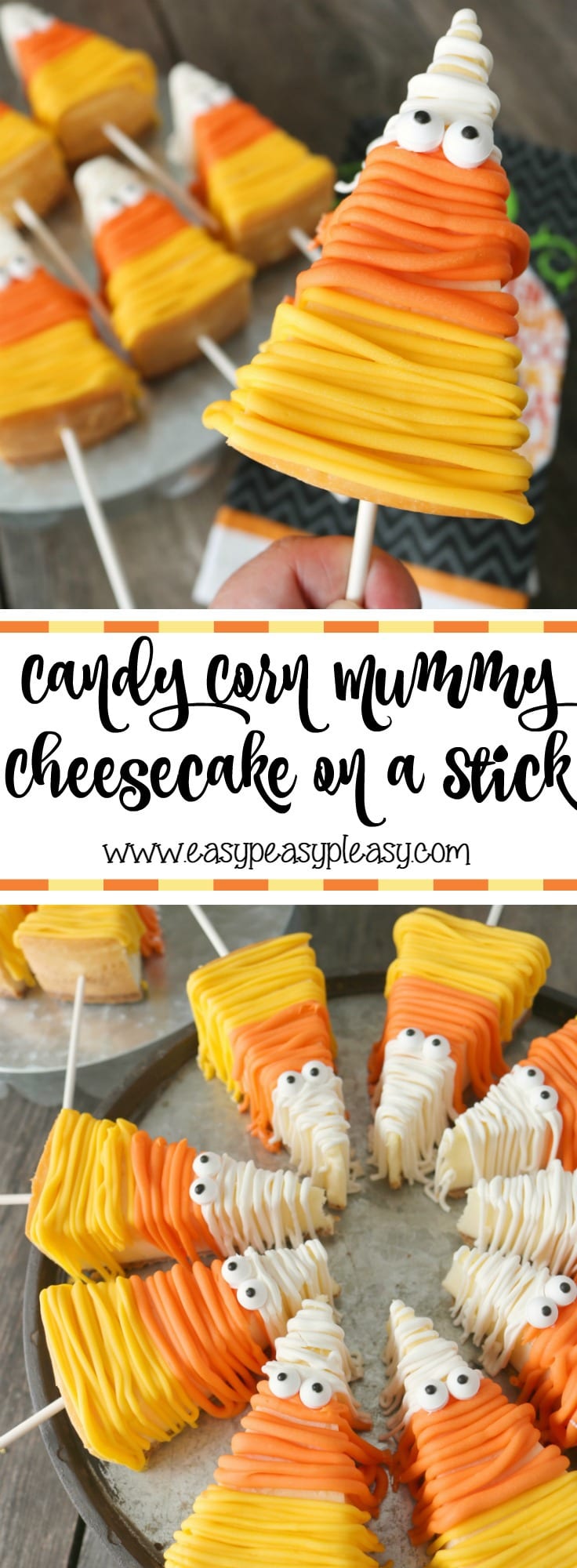 Easy No Bake Halloween Mummified Candy Corn Cheesecake on a Stick are the perfect sweet treat for your Halloween Party!