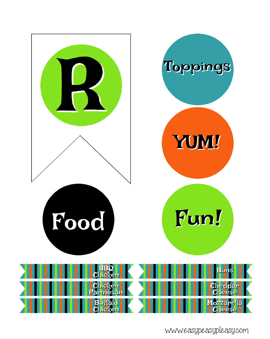 R and toothpick labels for banner and bar. Free Halloween Chicken Slider Bar Printables.