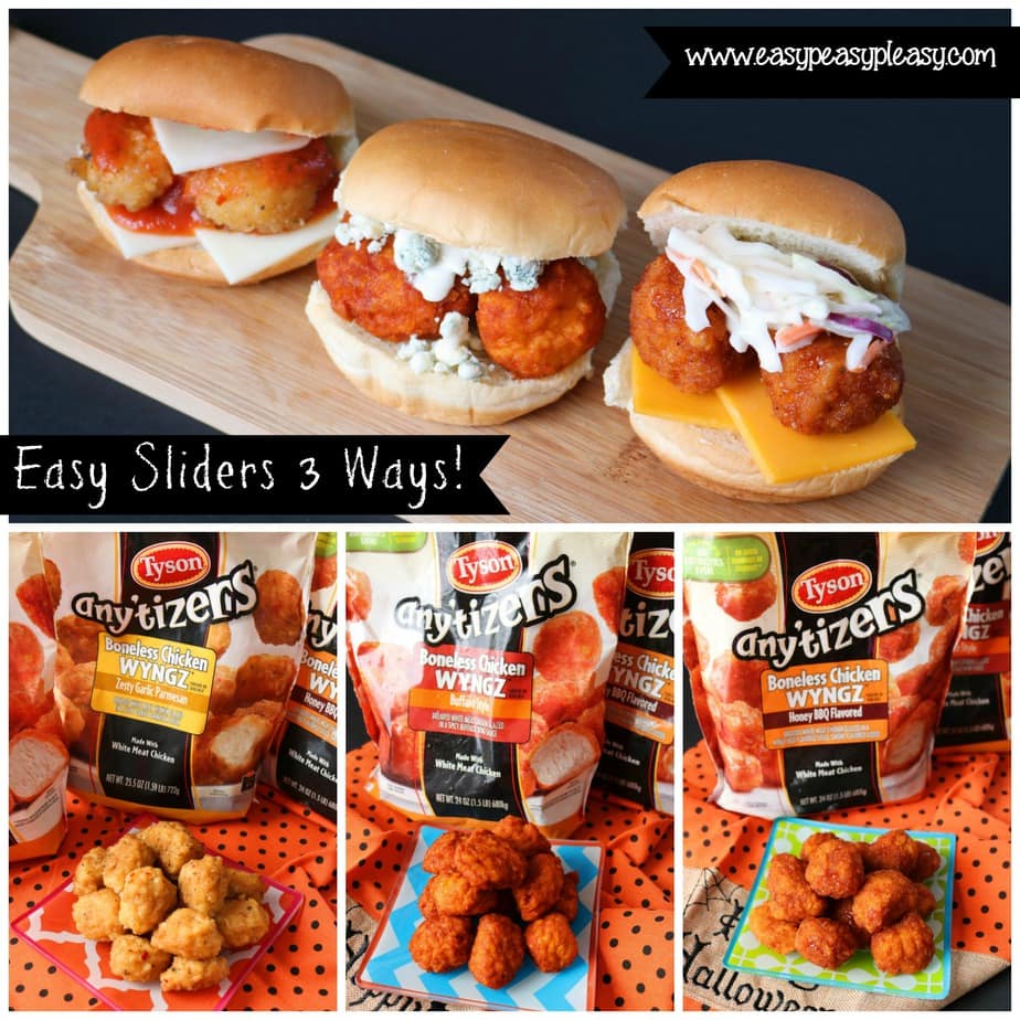 Try these easy sliders 3 ways using Tyson Anytizers. Chicken Parmesan Slider, Buffalo Chicken Slider, BBQ Chicken Slider
