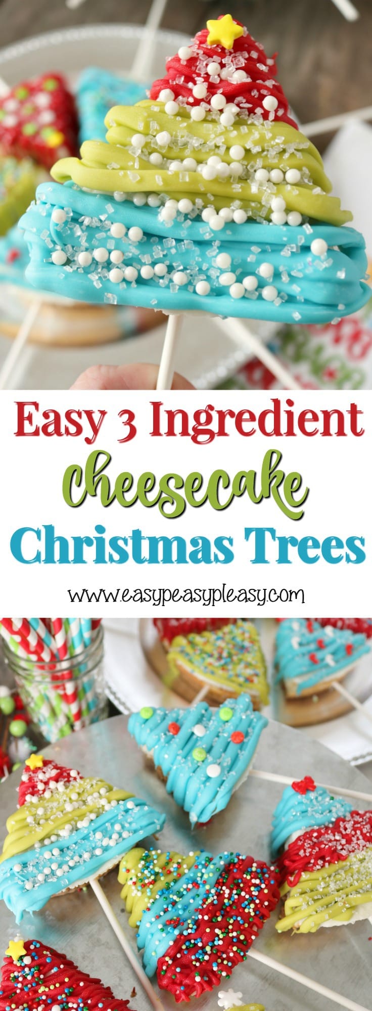 Get the full directions for these Easy 3 Ingredient Cheesecake Christmas Trees at easypeasypleasy.com