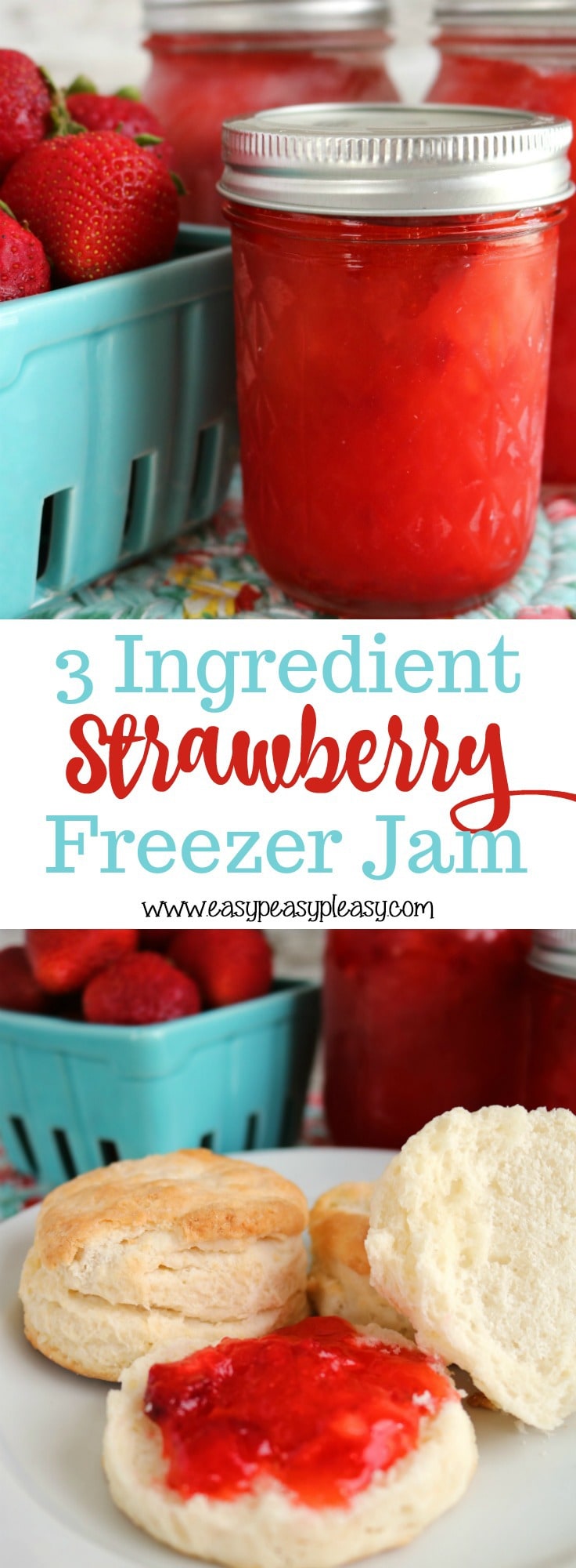 Check out this easy 3 Ingredient Strawberry Freezer Jam recipe. It's the perfect way to learn canning without a pressure cooker. Plus you'll find some great ways to use up that freezer jam.