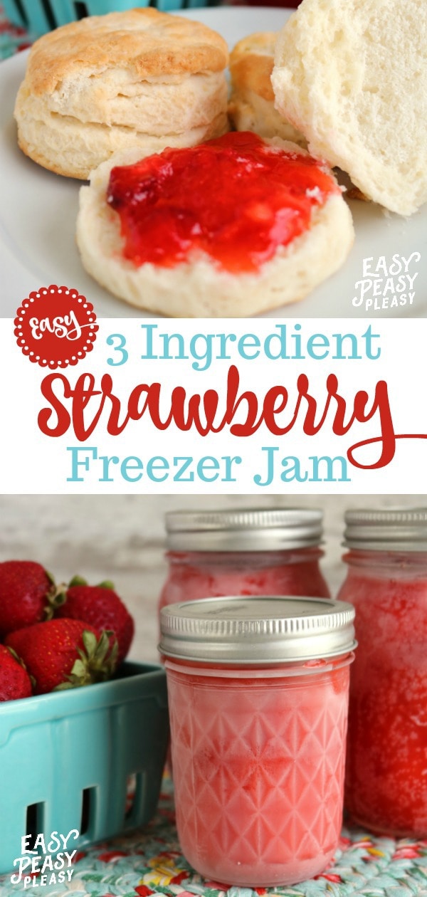 Easy 3 Ingredient Strawberry Freezer Jam will have you saving those fresh strawberries to use all year long. #strawberry #freezerjam #strawberryfreezerjam