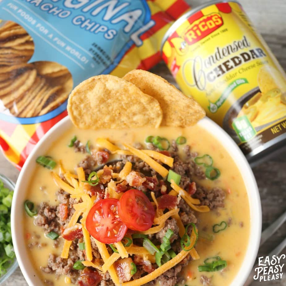 AD Meal prep made easy using Ricos Cheese and Chips to make this winner winner Bacon Cheeseburger Soup Dinner!