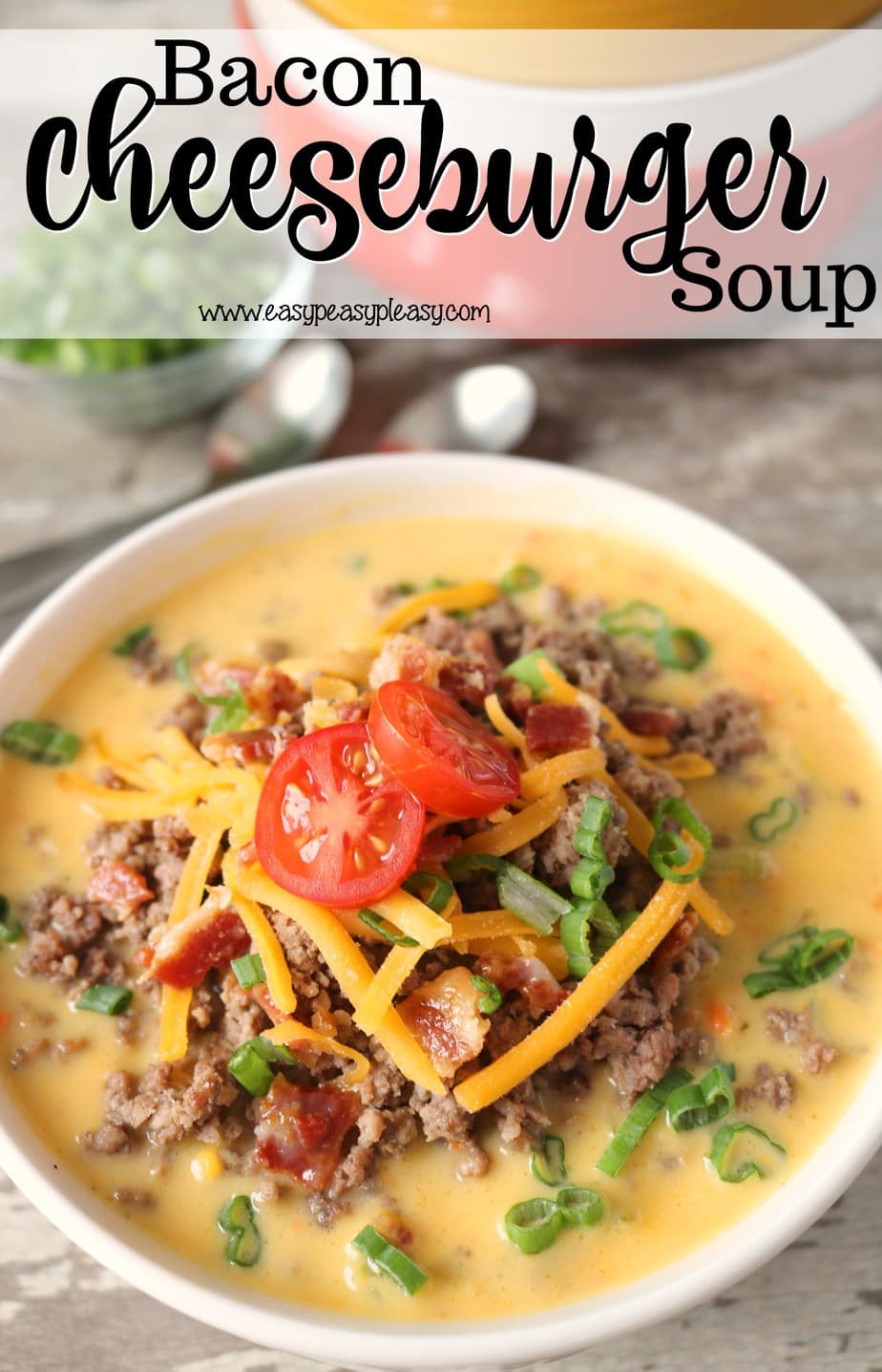 Check out this easy meal prep idea using this creamy and delicious Bacon Cheeseburger Soup recipe. Freezer meal perfect 4 ways to serve and eat!