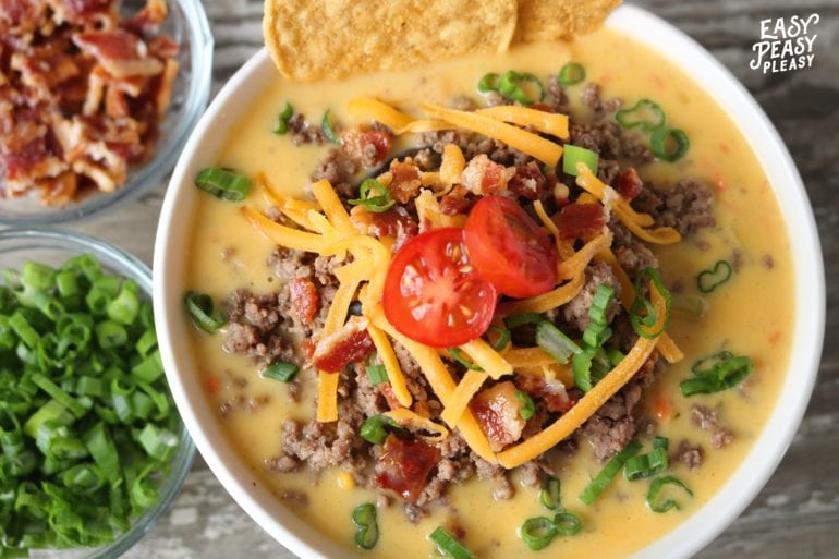 Easy Bacon Cheeseburger Soup to warm the soul and make meal prep easy. Freeze the leftovers for dinners later in the month.