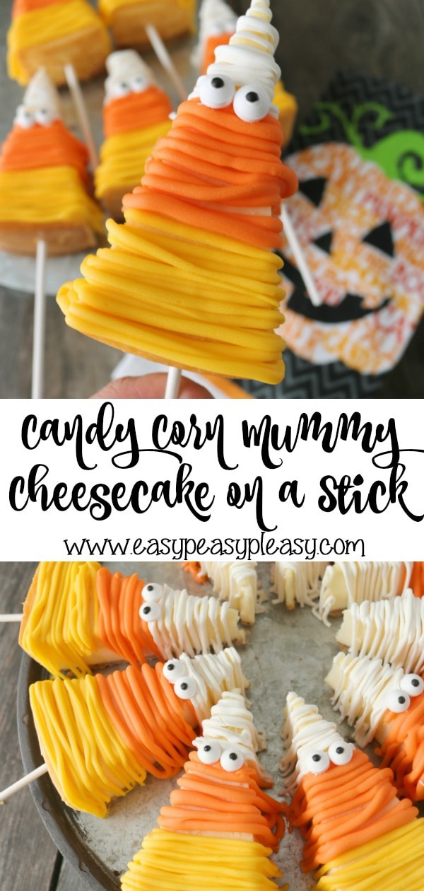 Candy Corn Cheesecake that look like a mummy are the perfect addition to your Halloween. No bake cheesecake candy corn mummies recipe. #halloween #candycorn #nobakecheesecake #mummy