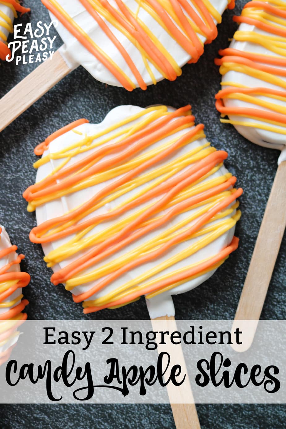 Easy Candy Apple Slices using only 2 Ingredients with the colors of candy corn perfect for Halloween.