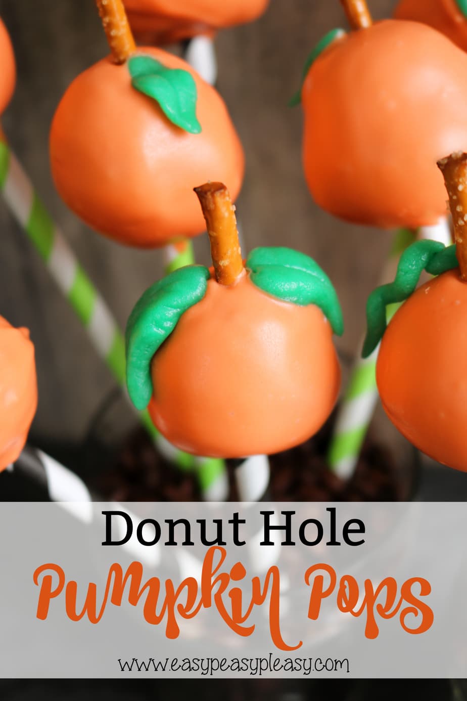 Easy Donut Hole Pumpkin Pops perfect for Fall, Halloween, and Thanksgiving. All you need are 5 simple ingredients.