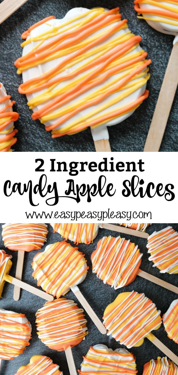 Easy to make 2 Ingredient Candy Apple Slices on a stick are perfect for Halloween. I am all about the colors of candy corn for Halloween treats.