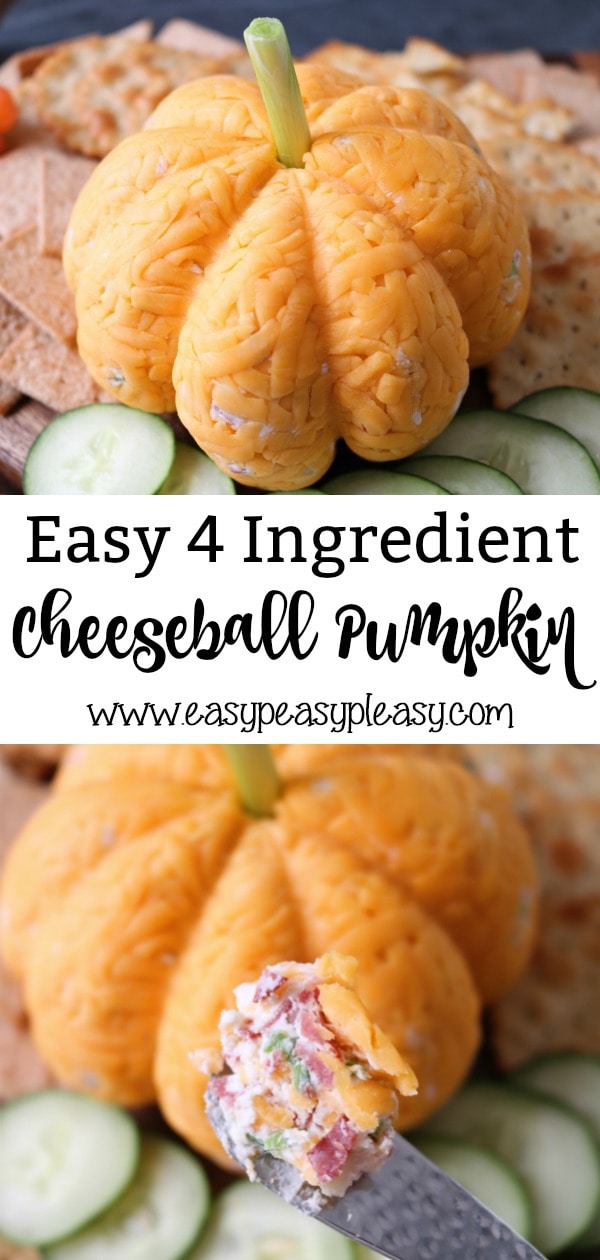 This 4 Ingredient Cheeseball Pumpkin is the same great taste as my original but made festive for Fall. Perfect appetizer for Halloween and Thanksgiving. #cheeseball #thanksgivingcheeseball #halloweencheeseball #fallcheeseball