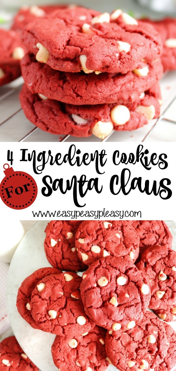 Easy 4 Ingredient Red Velvet Cake Mix Cookies perfect to whip up for Santa Cookies and milk and The Elf On The Shelf.