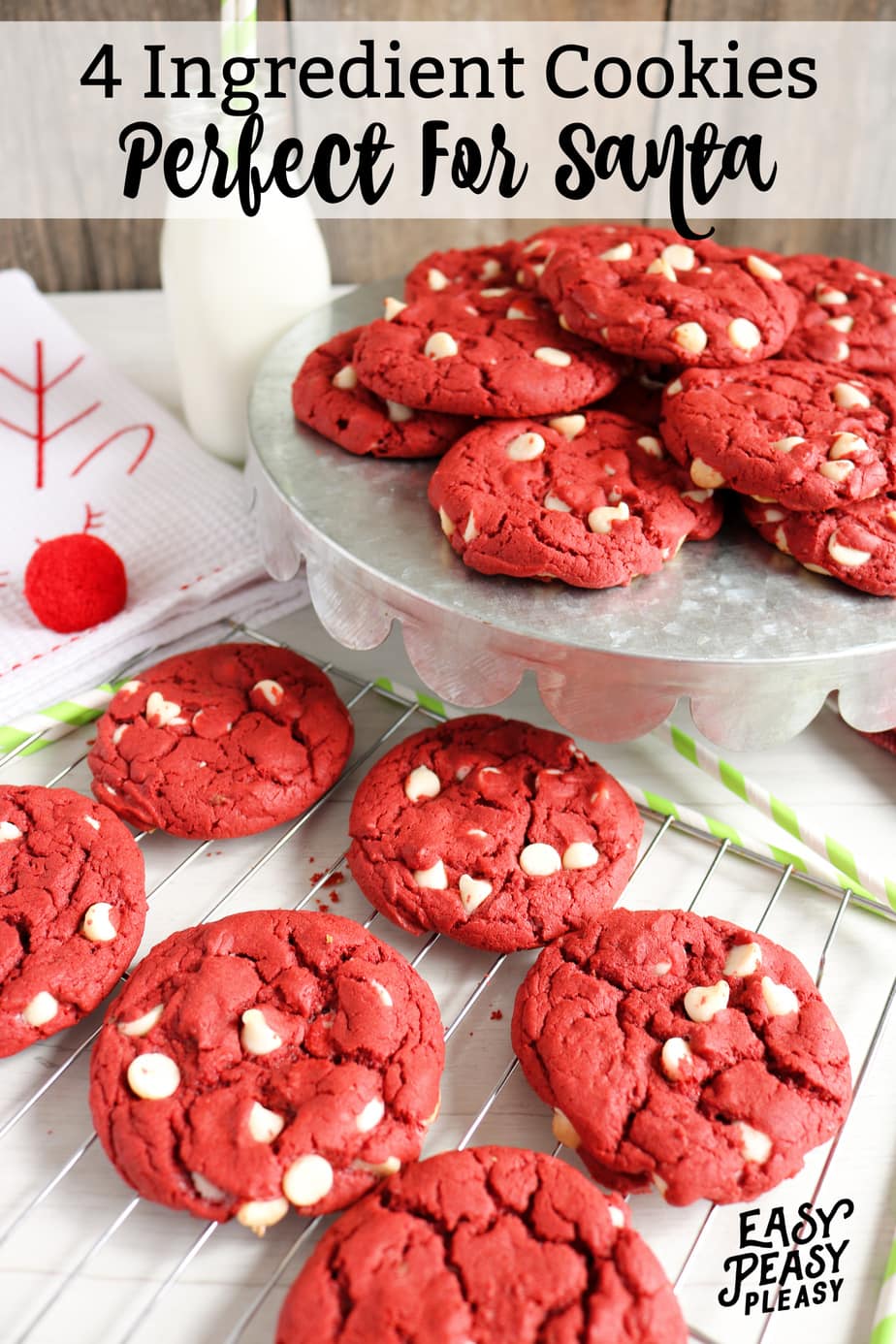 Easy 4 Ingredient Red Velvet Cake Mix Cookies perfect to whip up for Santa Cookies and milk.